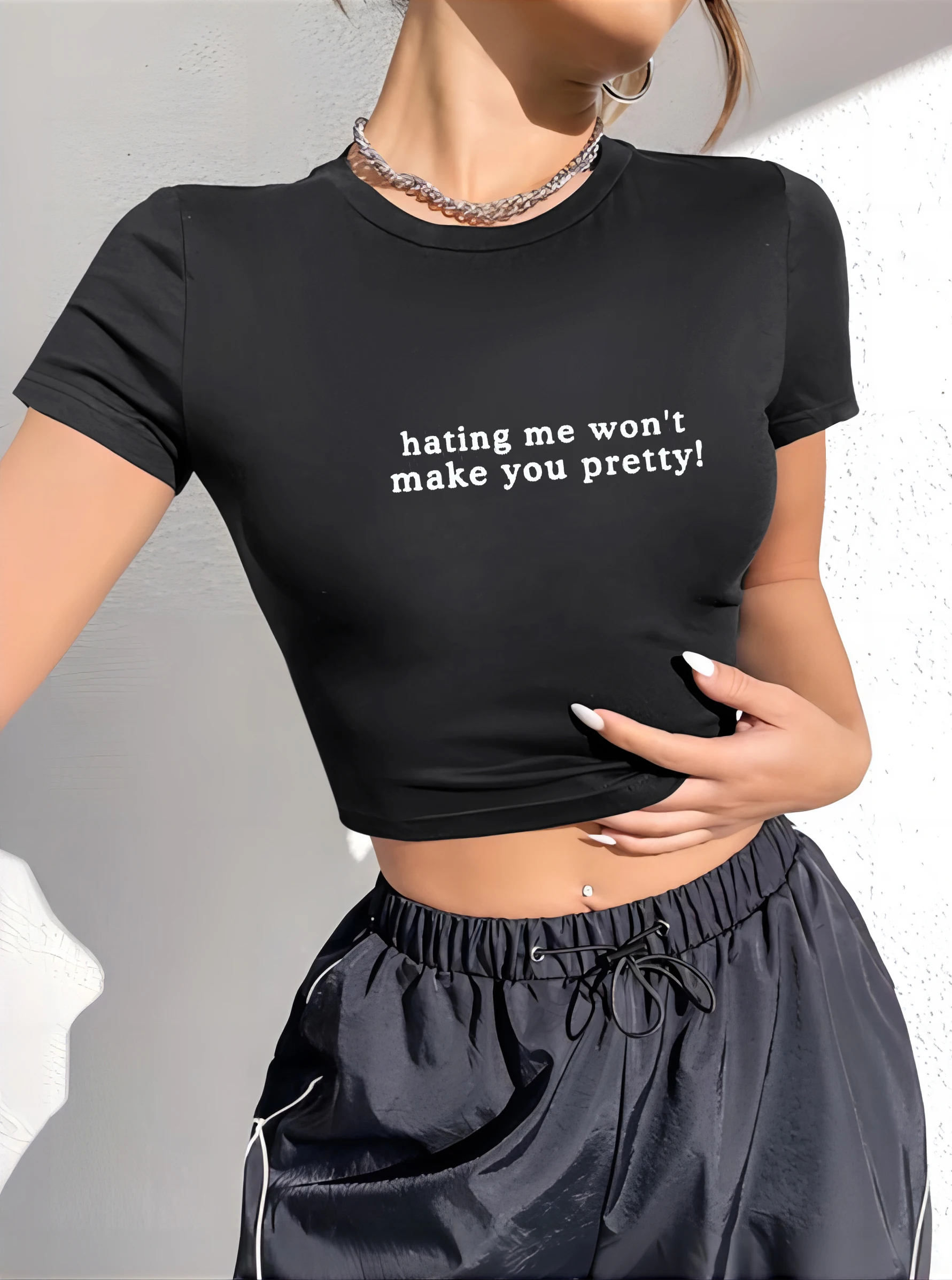 Lettering Slogan Printed Design Graphic Right Shoulder Slim Crop Top With Navel Exposed