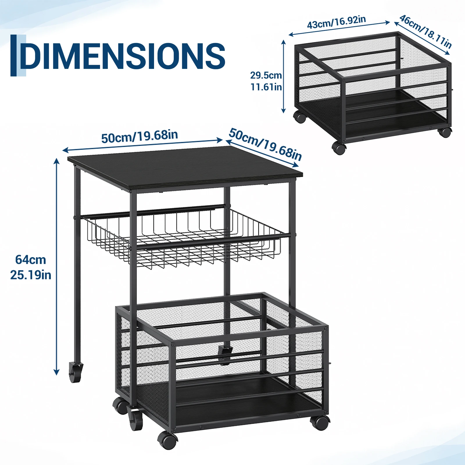3-laags minikoelkaststandaard & bijzettafel met XXL gaasmand & draadrek, groot houten blad van 19,68 inch, robuust metalen frame, 360 graden draaibaar ° Draaibare wielen, rolwagen voor keuken,