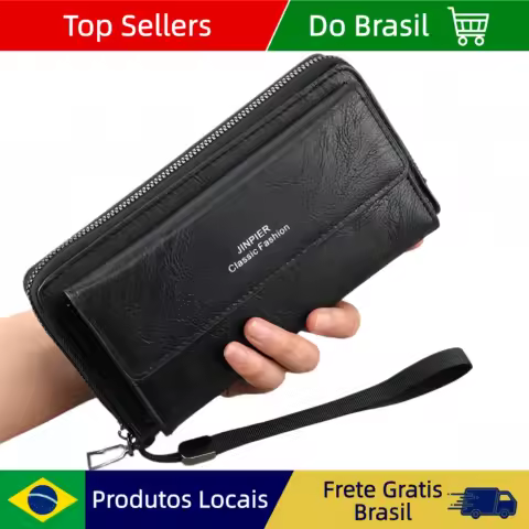 Bolsa de Mão Masculina em Couro PU com Zíper, Grande Capacidade, Carteira Longa, Porta-Moedas, Porta-Cartões e Bolsa de Celular para Homens