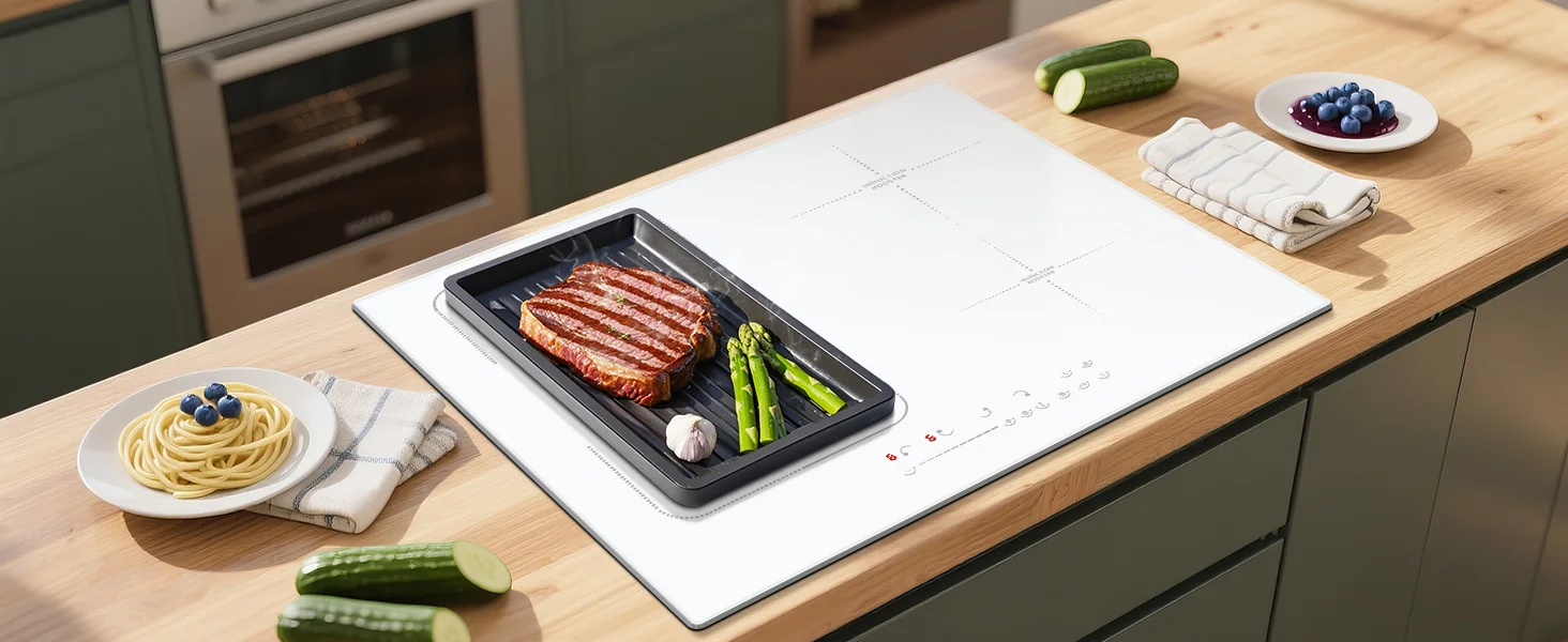 Plakette Induction 4 Feux Blanc mit Prise, Cooksir Plaque de Cuisson Induction Encastrable, 60 cm, 3500 W, Minuterie, 230 V – Detail 1