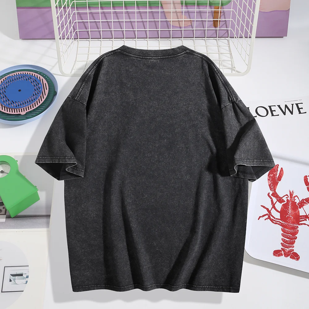 T-shirt manches courtes en coton délavé pour passionnés de mode, imprimé de personnage de dessin animé, décontracté, ample, tendance, confortable
