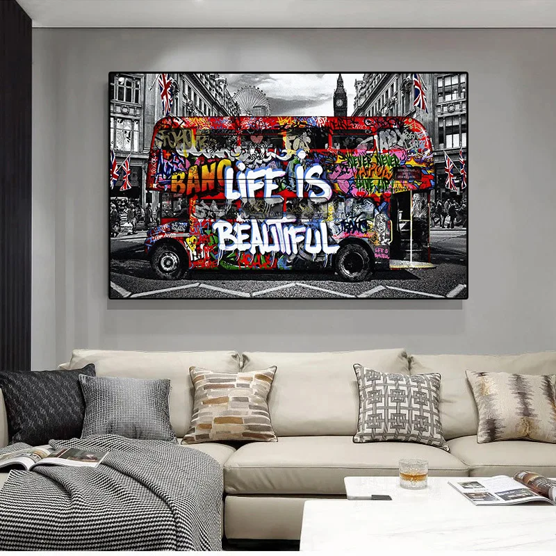 Street Graffiti Art Life is Beautiful Canvas Painting Double Decker Bus Poster Print Wall Art Picture Living Room Decor Cuadros