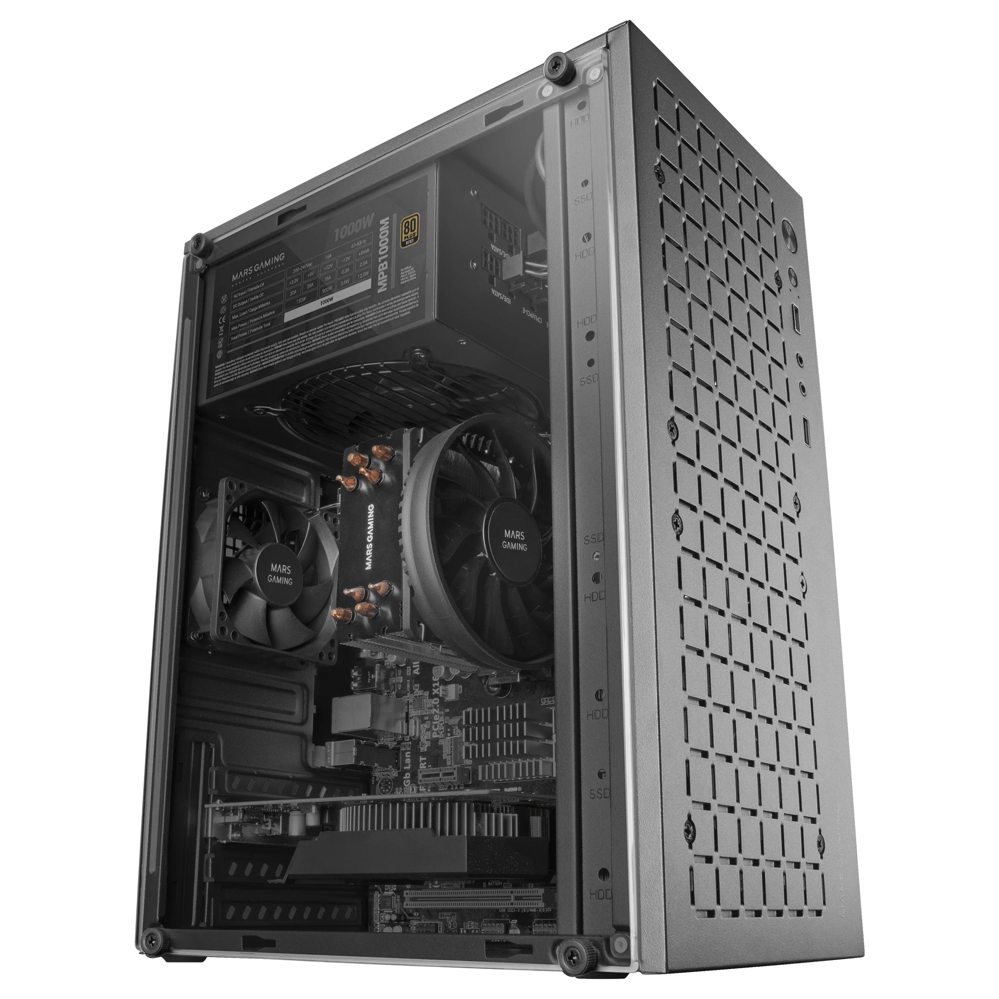 Mars Gaming MC-1000 MicroATX Compact Box Metal Mesh Front Design Full Side Window 1x FDB 80mm ulta-silent fan Black