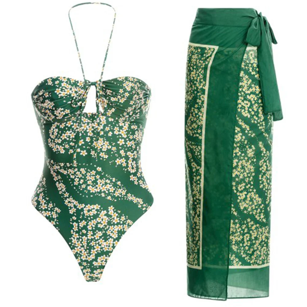 Women One Piece Swimsuit with Skirt Green Halter Print & Coverups Holiday Beach Dress Designer Bathing Suit Surf Wear Summer