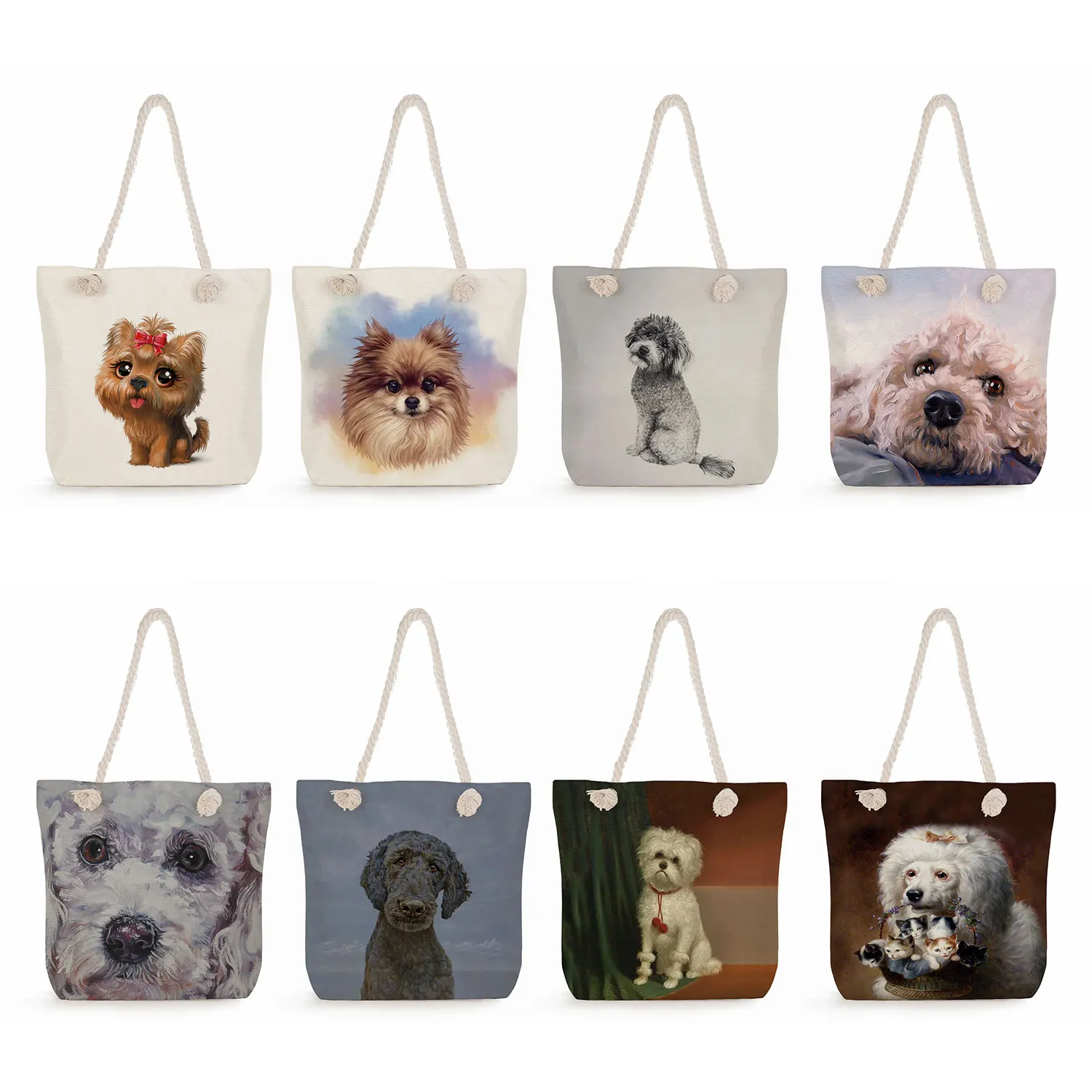 Poodle Dog Art Portrait Printi Tote Dog Practical Daily Office Handbags For Women Reusable Shopping Bags Thick Rope Shoulder Bag