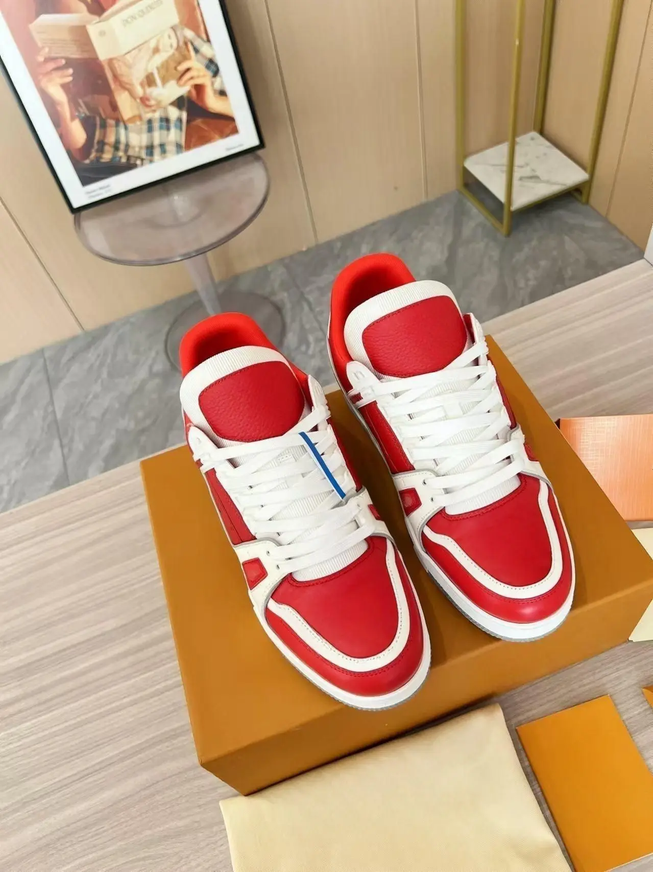 Unisex Fashion Lace Up Board Sneakers Bright Red Upper White Outline Thick Flat Sole All Match Footwear