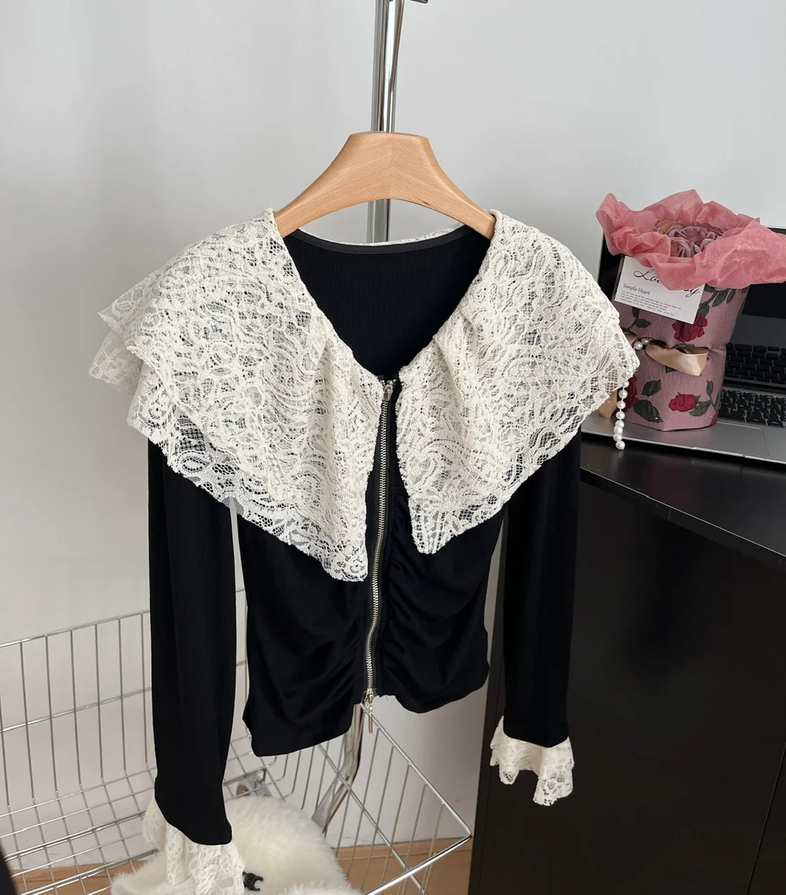 New Patchwork White Lace Solid Color Long Sleeve Sweater Lapel Loose Tops Korean Fashion Women Elegant Knitwear