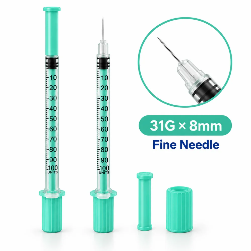 100pcs Mint Green Insulin Syringe 1ml 31G 8mm Disposable Sterile Injection Needle Individually Packed