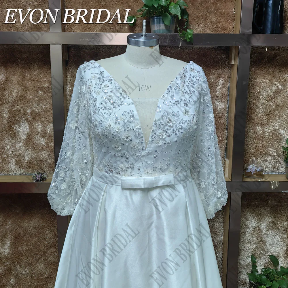 EVON BRIDAL V-Neck Plus Size Wedding Dresses For Women Puff Sleeves Sequin Bride Gown With Pockets Classic Satin Bridal Dresses