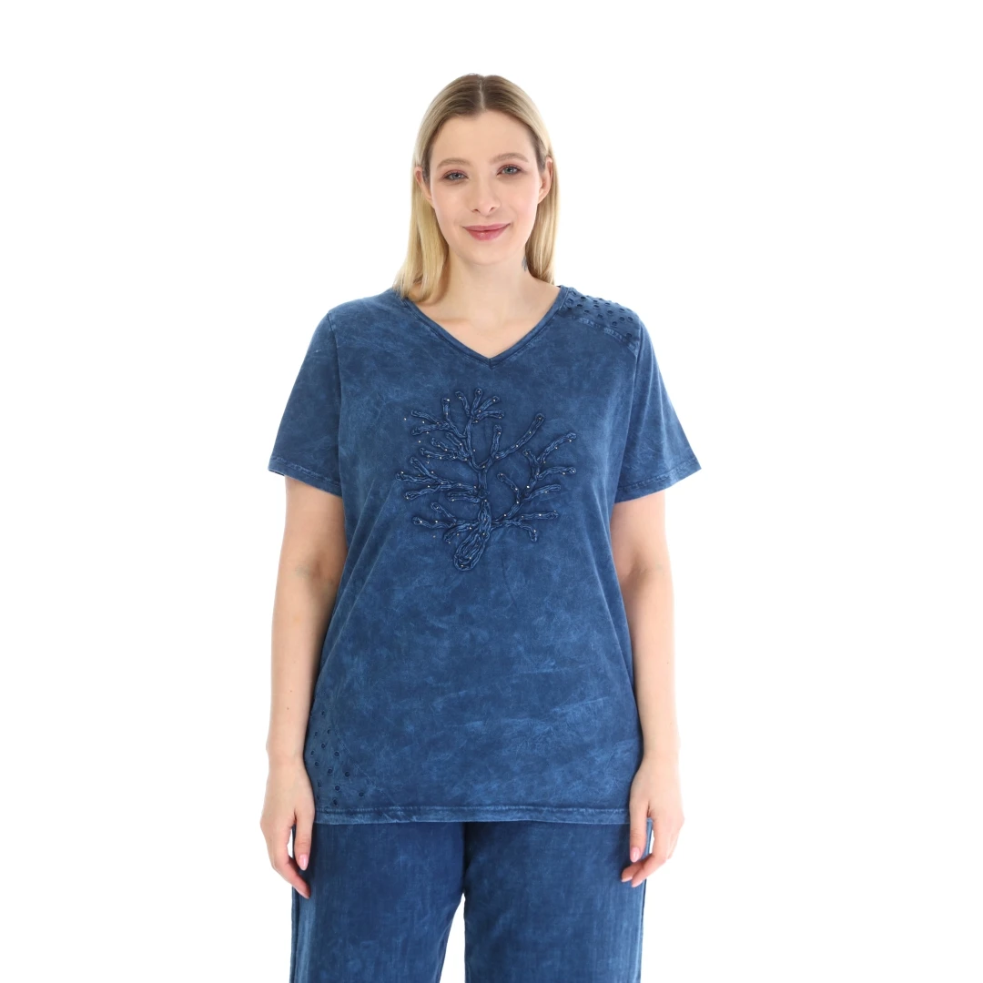Diaves Woman Plus Size Summer Fashion Tree Figure Embossed T-shirt Self-Effect Acid-Flushing Track Suit Sets Turkish Quality