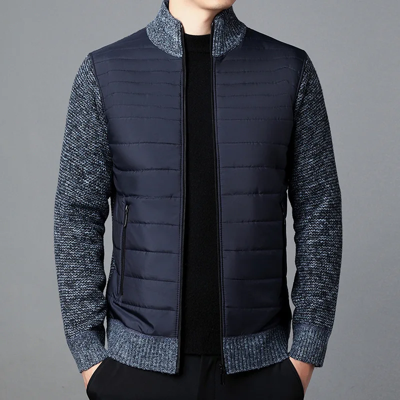 Chaqueta de lana cálida para hombre, abrigo de punto de retazos, chaquetas de punto casuales, prendas de vestir exteriores de cuello alto, chaquetas