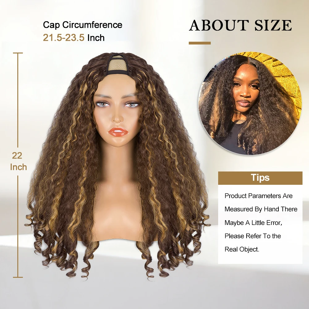 Highlight Afro Curly V Part Wig for Women Ginger Kinky Straight with Curly Ends Glueless No Leave Out Clip Synthetic Half Wigs