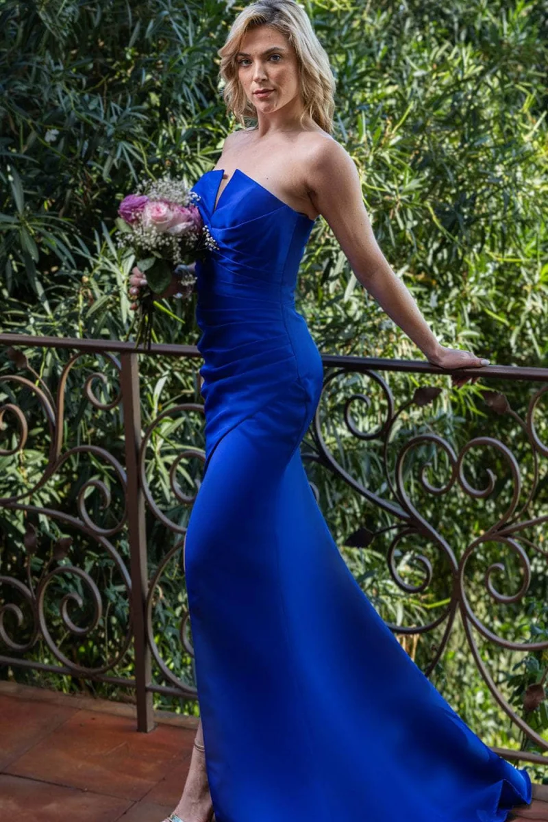 Jessica Hand-pleated Satin Evening Dresses Blue Elegant Lady Prom Dresses Sexy Off Shoulder Mermaid Party Dress Customized