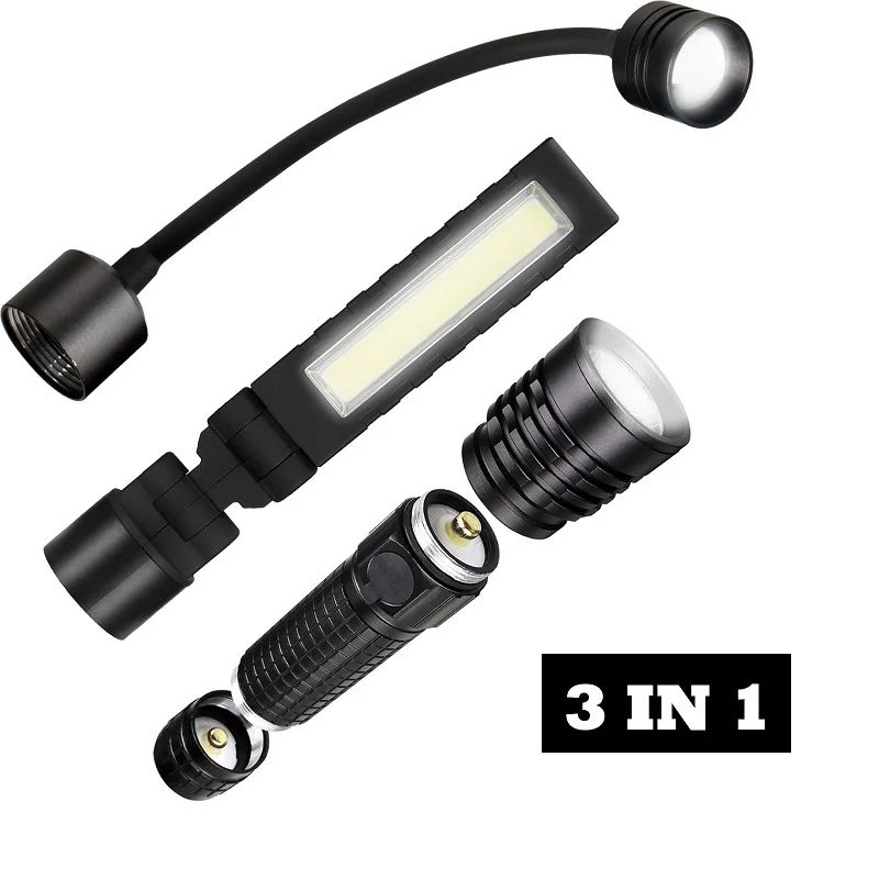 Skywolfeye 3-in-1 Magnetic LED COB Rechargeable USB Flashlight Work Light Flexible Torch Kit with Battery for Outdoor & Home Use