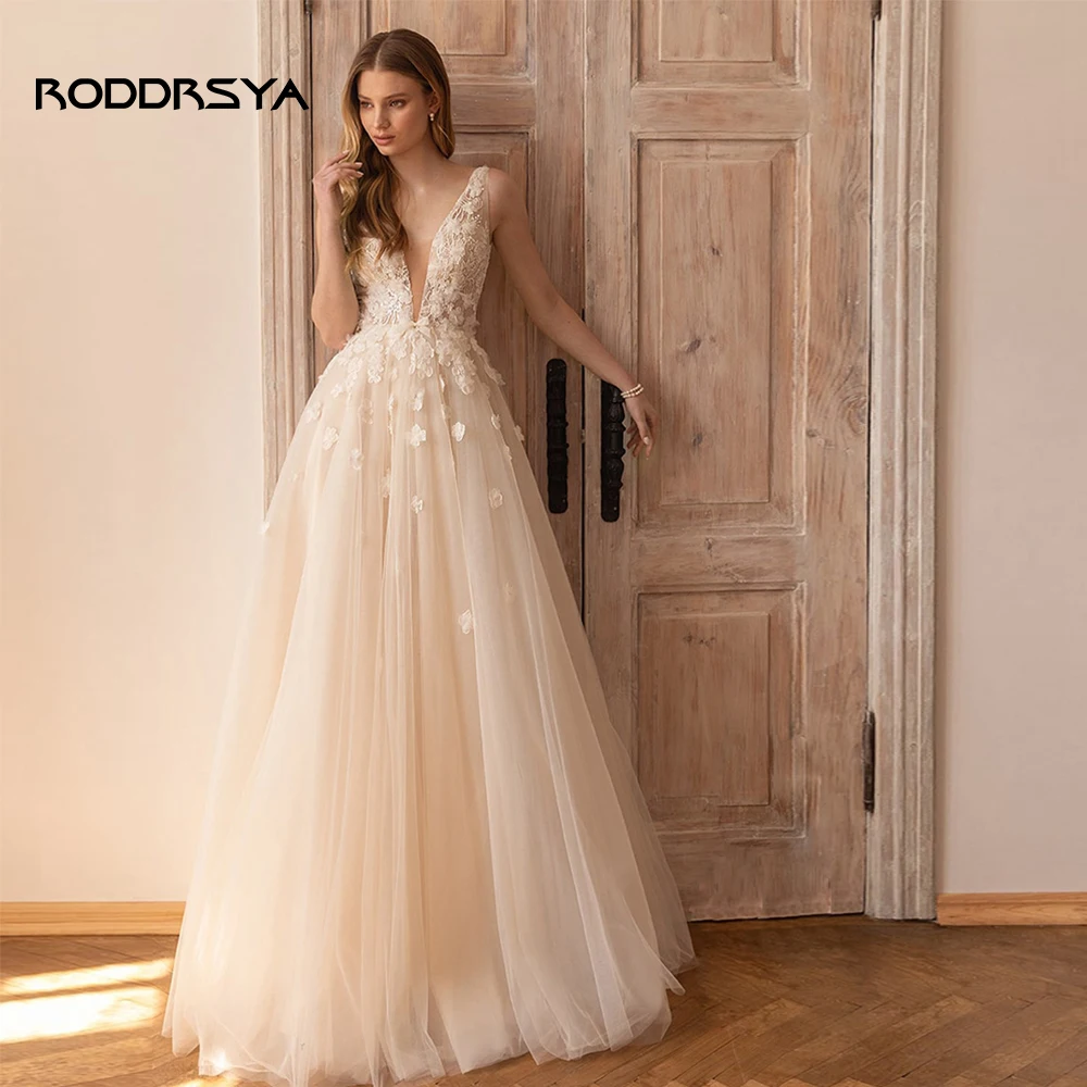 RODDRSYA Princess Wedding Dress 3D Flower V Neck Sleeveless Backless Lace Appliques A Line Tulle Bridal Gown Vestidos De Novia