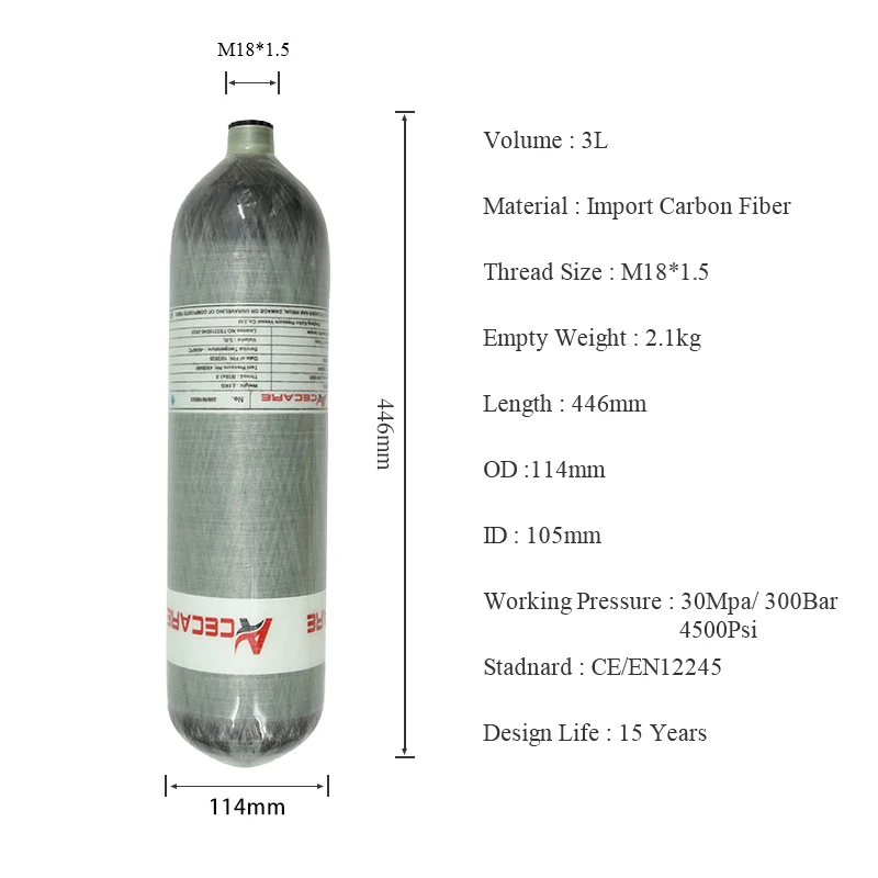 ACECARE-Cylindres Haute Pression pour Plongée Sous-marine, Fil Précieux, Fibre de Carbone, 3L, 4500Psi, 300Bar, M18 * 1.5