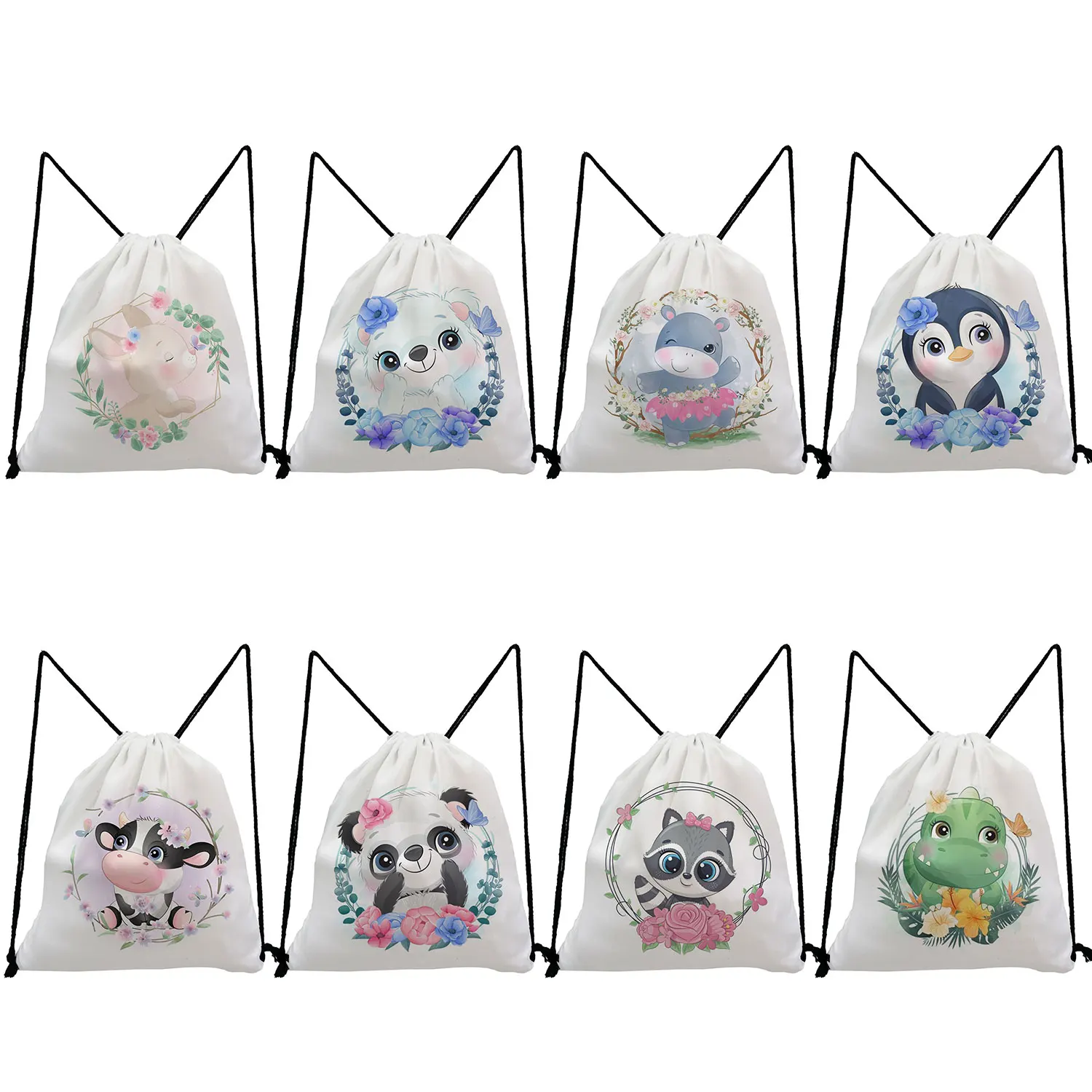 Backpacks for Students Shoes Bag School Drawstring Pocket Round Wreath Animal Pattern Panda Rabbit Penguin Civet Print Portable