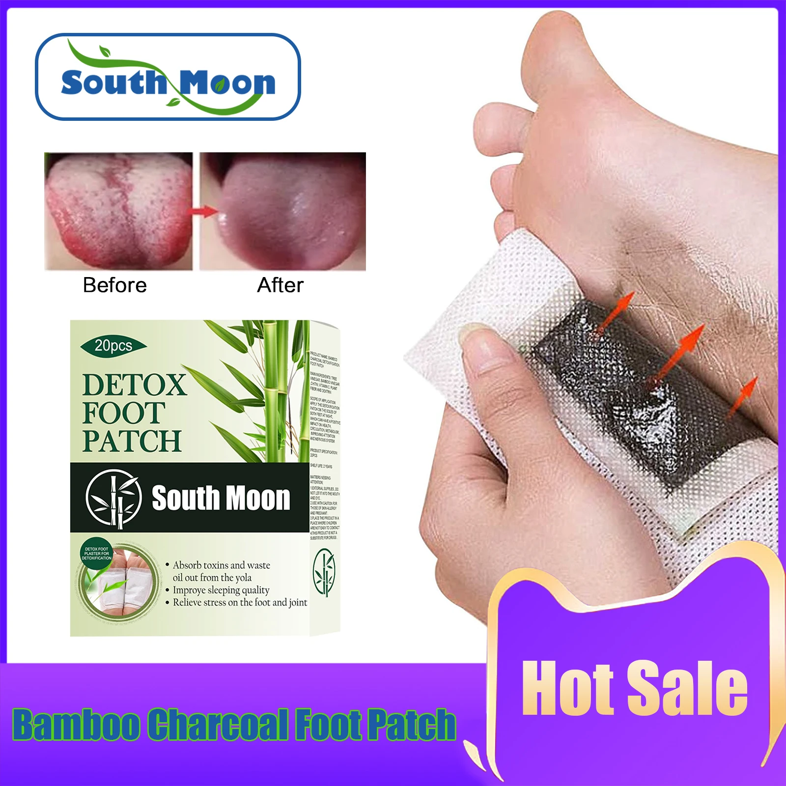 Detoxification Foot Sticker Improve Sleep Headache Back Pain Loss Weight Relieve Stress Remove Toxin Bamboo Charcoal Foot Patch