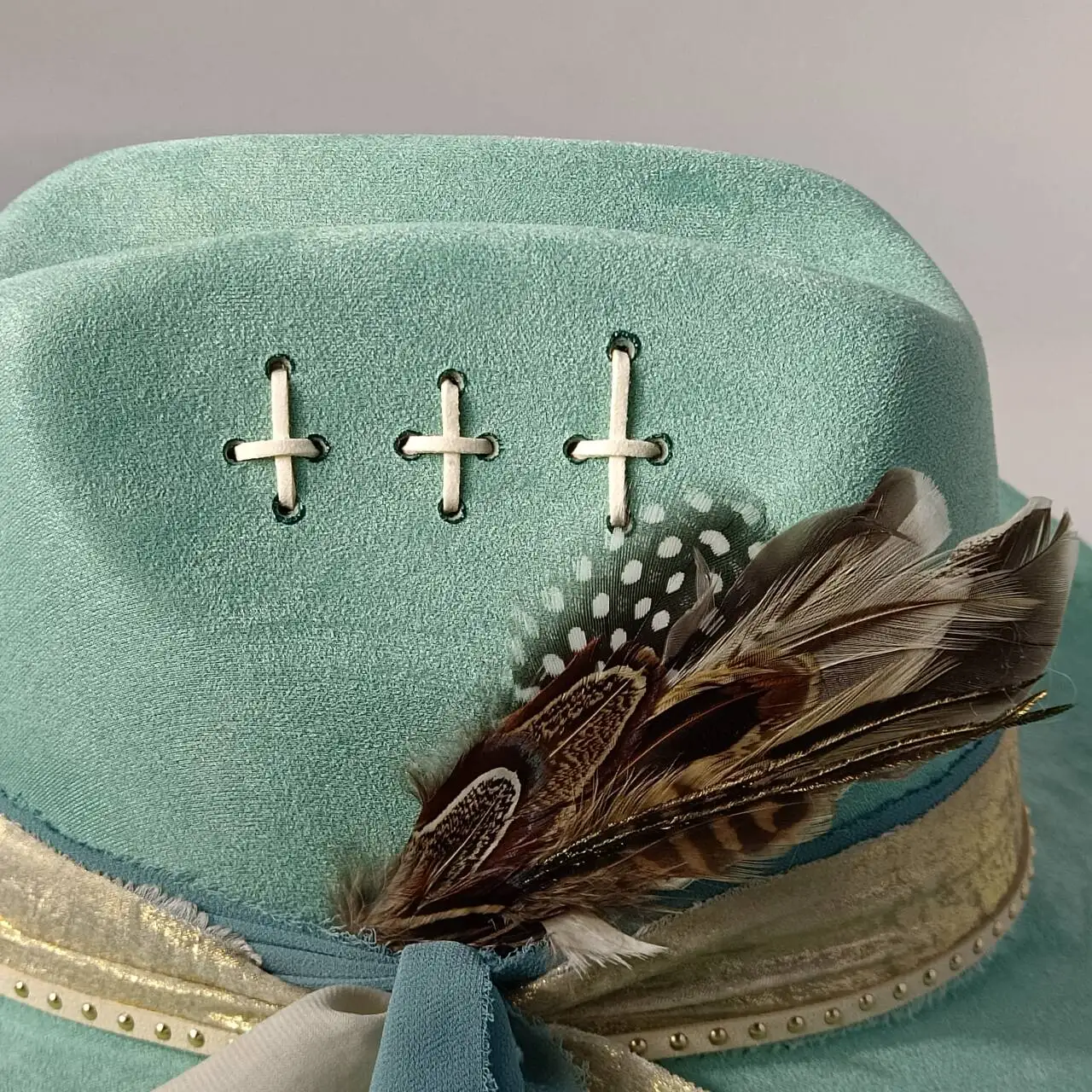 Suede Denim Hat Men's Distressed Hat Studded Decoration Women's Handmade Sewn Hat Vintage Fashion Punk Style, Equestrian Par 5