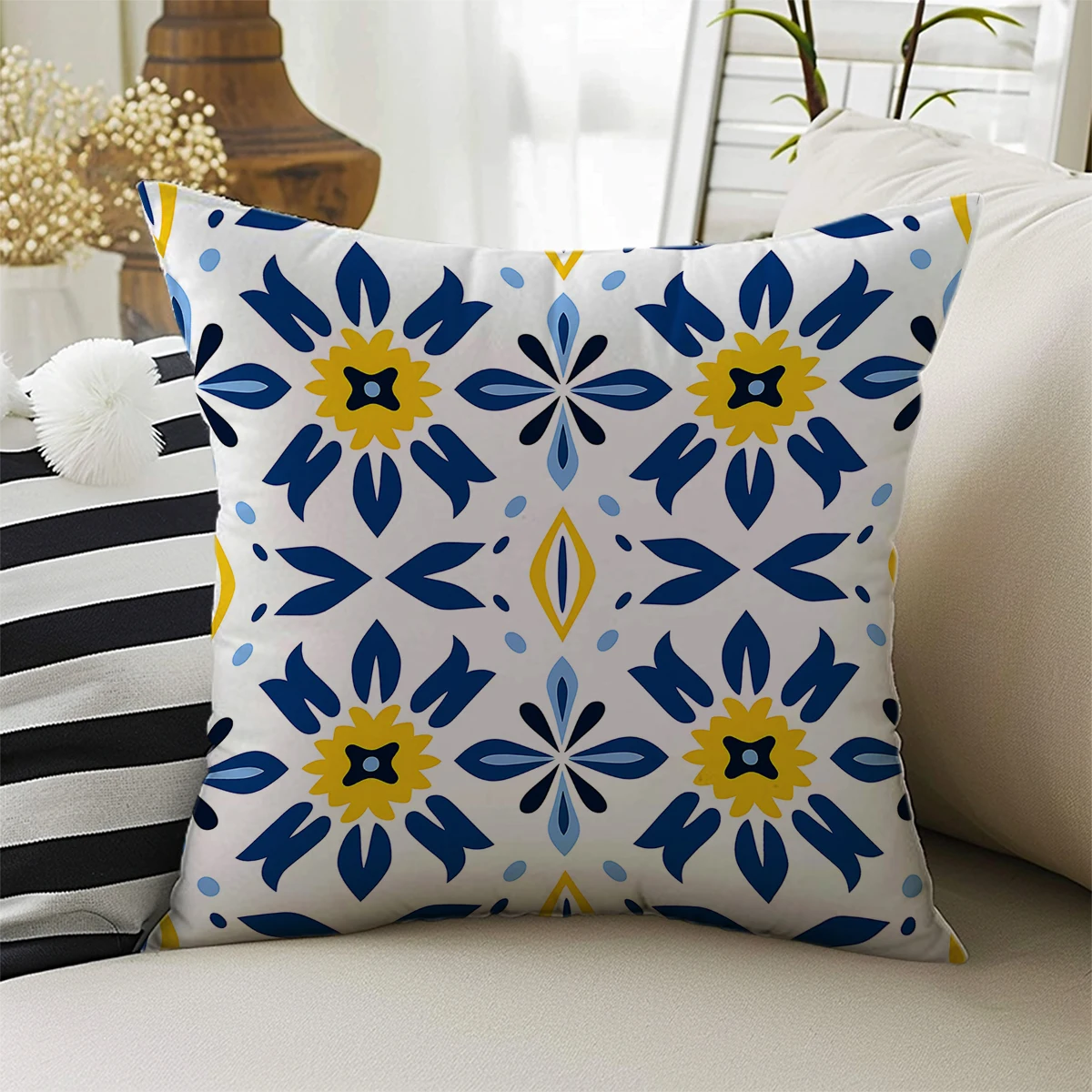 Blue Yellow Geometric Retro Double Side Print Pattern Cushion Cover Home Decoration Living Room Sofa Chair Pillow Cover