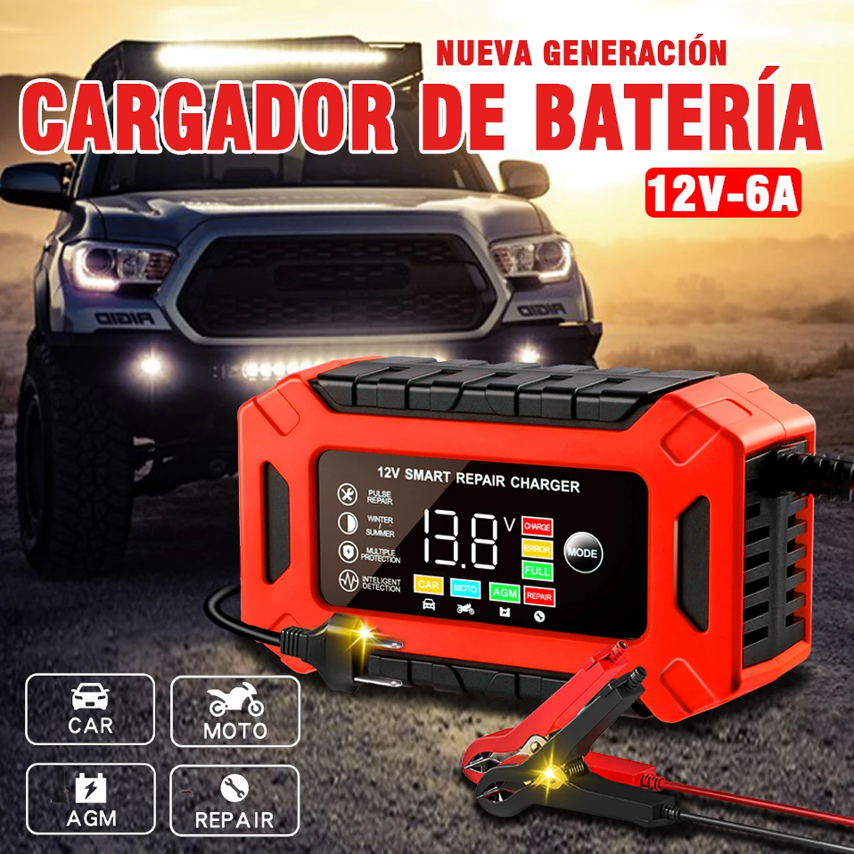 Cargador inteligente de 12V y 6A para motocicleta y camión, carga de Gel ácido y plomo seco, carga de batería para coche, reparación de pulso, pantalla LCD Digital
