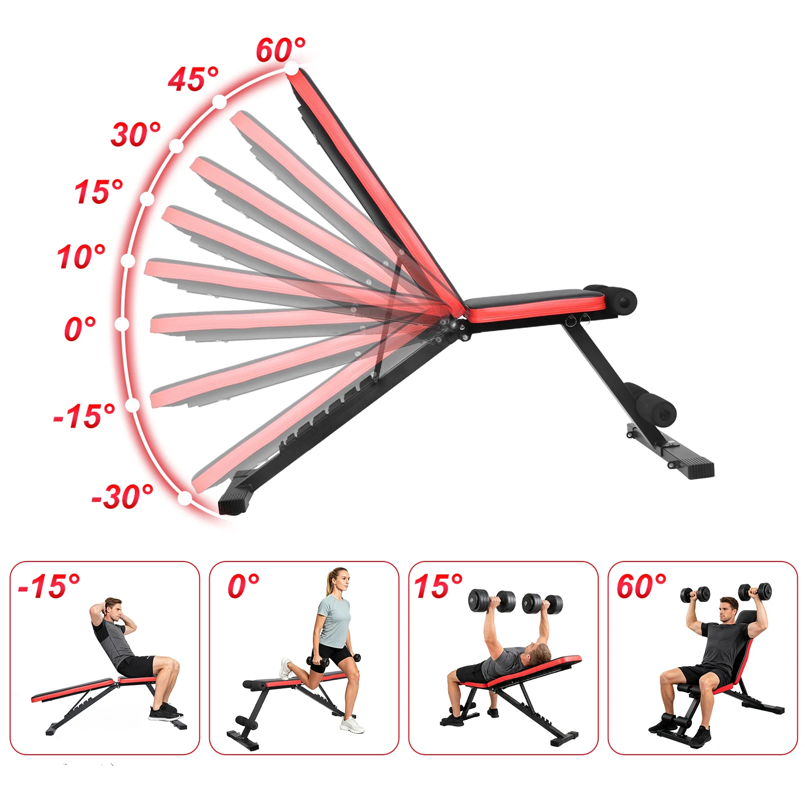 Banc de musculation, banc multi-inclinaisons, positions réglables de -30 degrés à 60 degrés, max. Banc d'entraînement pliable, capacité de charge de 660 lb, adapté aux exercices abdominaux et dorsaux à domicile