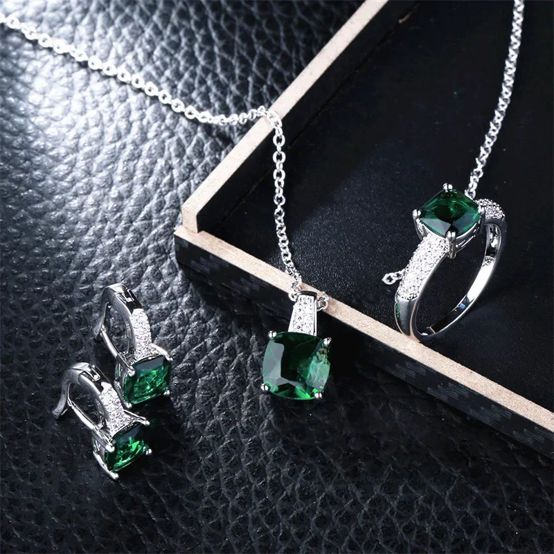 CC biżuteria w stylu Vintage zielony kolczyki z kamieniem naszyjnik zestaw pierścieni dla kobiet Sterling biżuteria zestawy ślubne Party Bijoux CCAS109 — zdjęcie 2