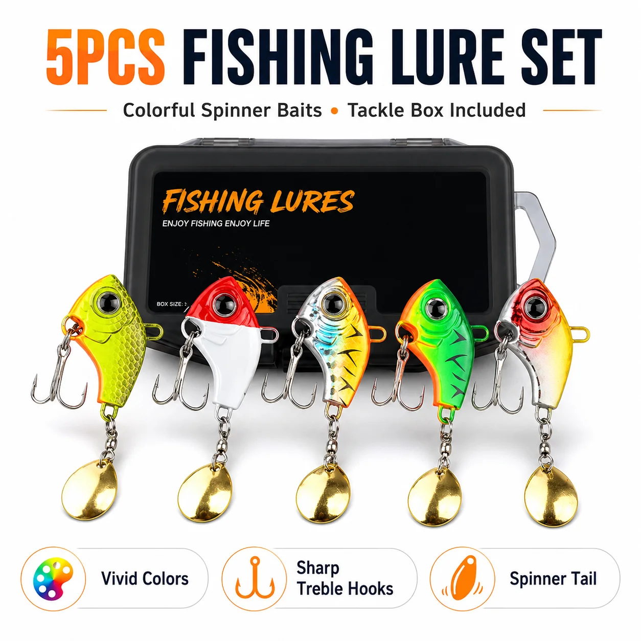 Rotador de cola de cebo de pesca, señuelos de Metal, abrazaderas de pesca, señuelos de manivela de lubina, Kit de cebo de pesca de lubina y caja de equipo de pesca, 5 uds.