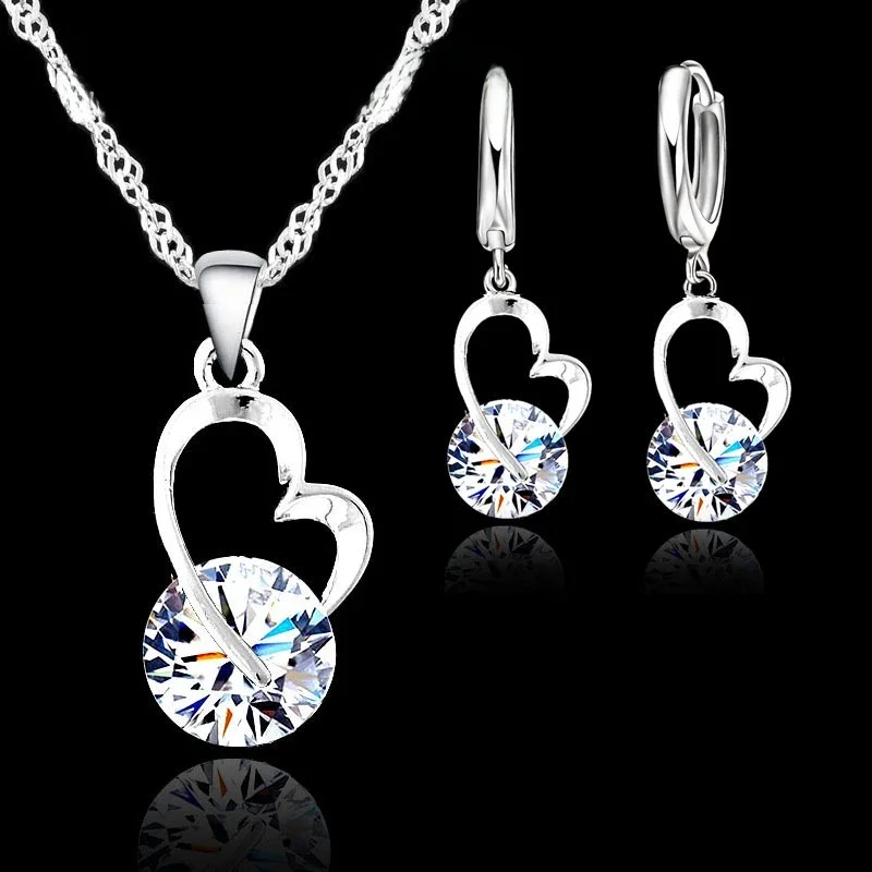 Brautschmuck-Sets aus 925er Silber, Modeschmuck, romantische Herzform, runder Kristall, für Damen
