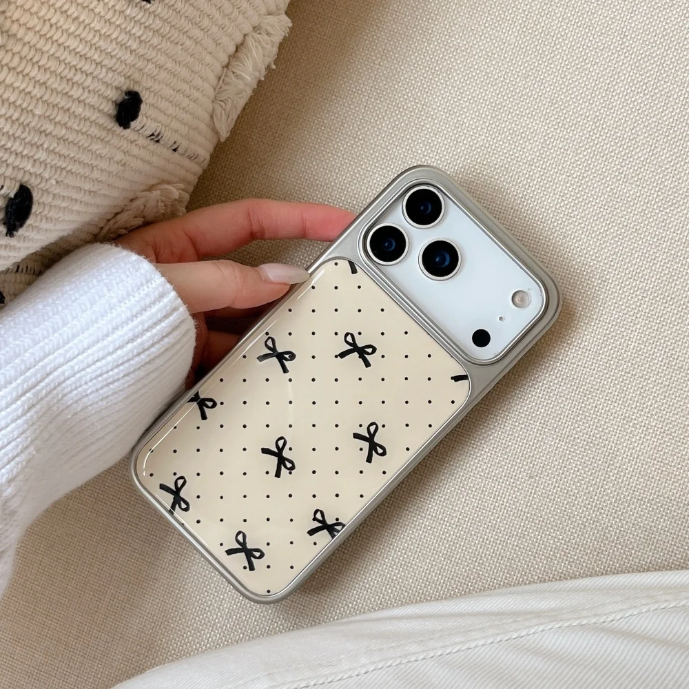 

Fashionable electroplated milky yellow polka dot bow phone case,suitable for iPhone14/15/16/17ProMax, shockproof protective case