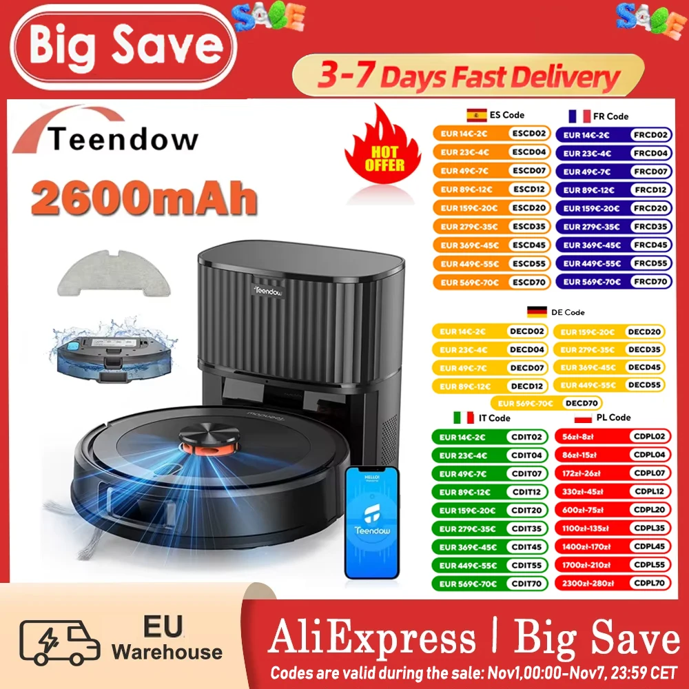 Teendow D10S Max 2600Mah Robot Vacuum Cleaner and Mop with Auto-Empty Station 4500Pa Powerful Suction 3L Dust Bag Smart Mapping