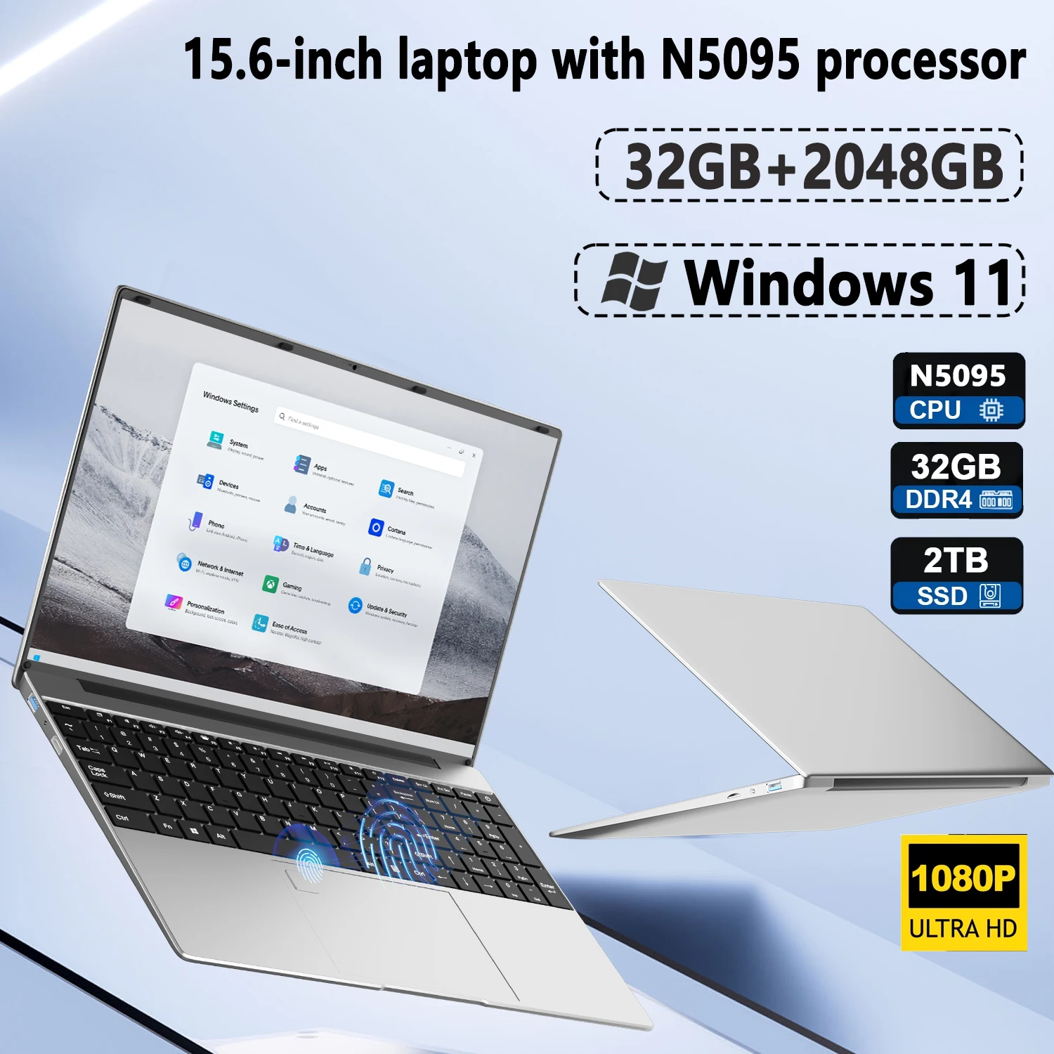 15.6" Laptop Computer Intel Celeron N5095 Notebook PC Gamer 32GB RAM 1TB SSD Office Study PC Windows 11 Pro 1920*1080P Laptops