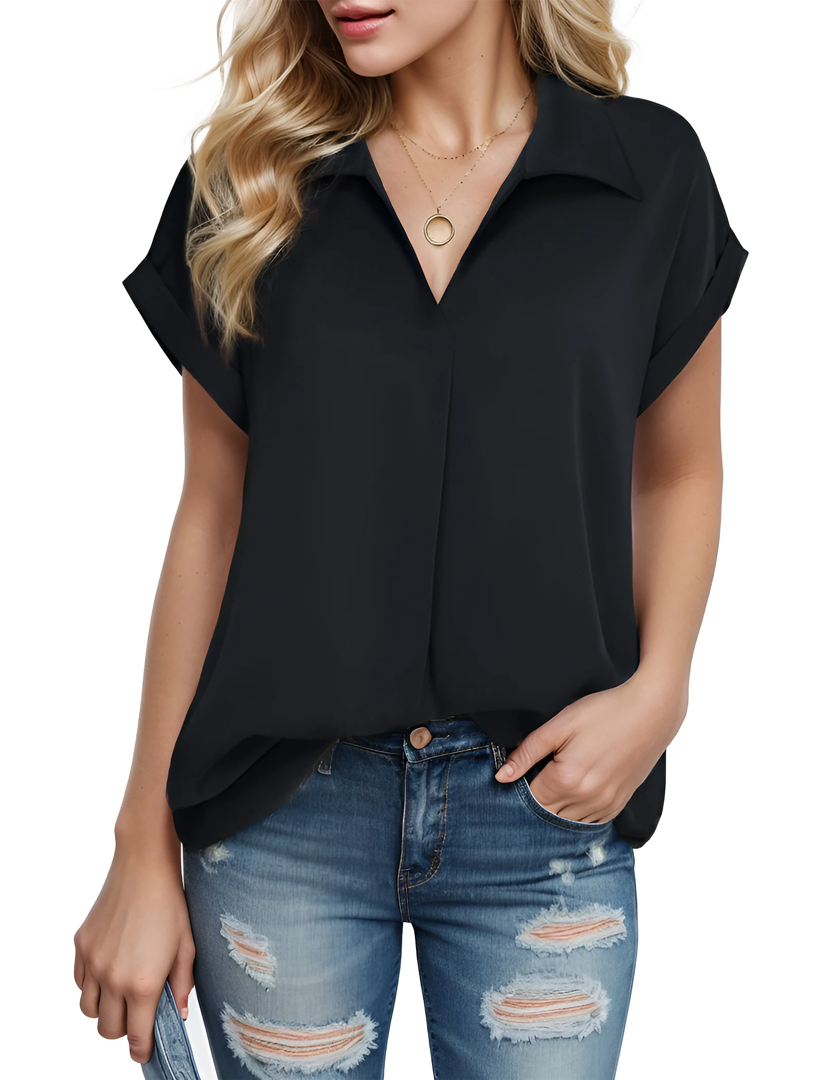 Women's Short Sleeve Chiffon Shirt for Office Work Business Wear Collared Shirt