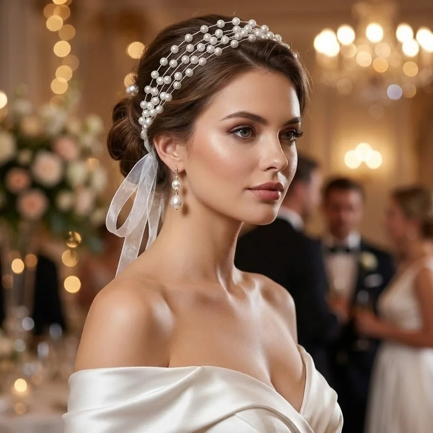 Handmade Multi-Layer Pearl Bridal Hair Vine Wedding Headband Silver Wire Hair Accessories for Women Prom Party Headpiece