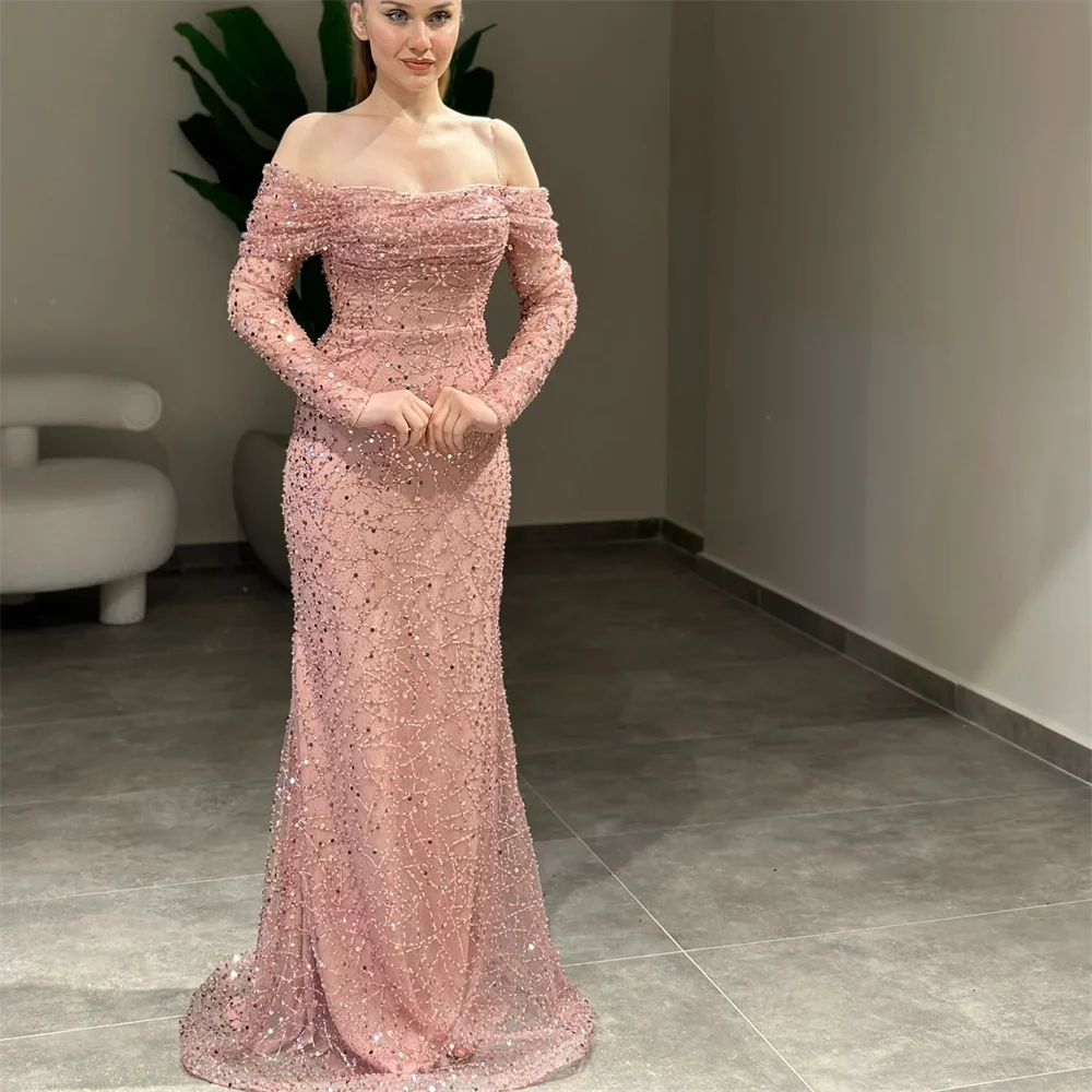 Customized Off Shoulder Beaded Sequined Lace Evening Dress Women Stunning Party Prom Gown With Sweep Train  2024 فساتين سهرة