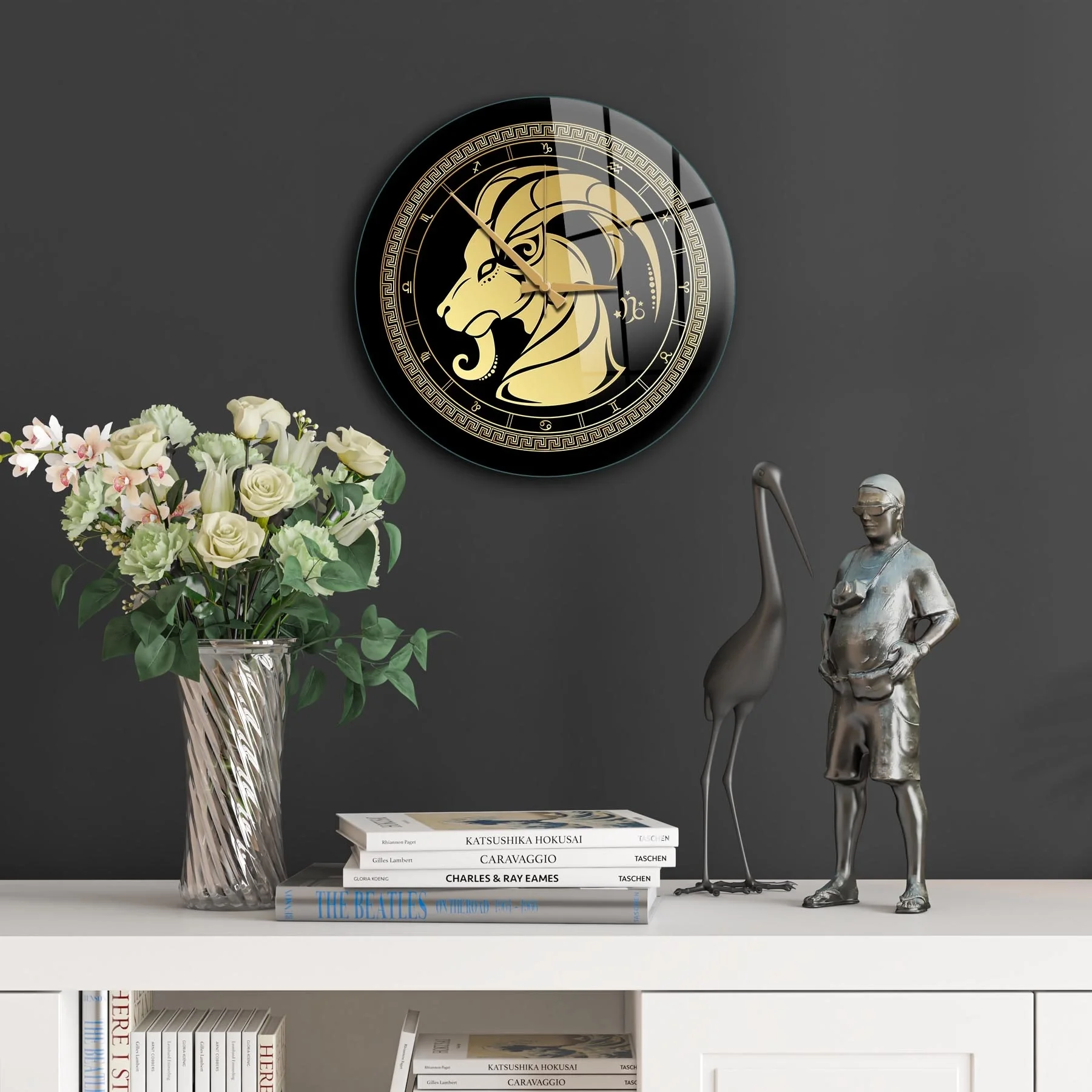 Glass Wall Clock with Goat symbol Round 30 x 30 Cm Nordic Wall Clock Christmas Gift Home Living Room Bedroom Silent Quartz Wall