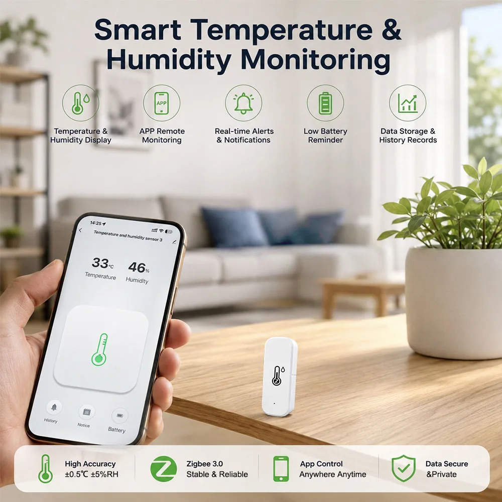 Zigbee3.0 Temperature Humidity Sensor a smart home environment monitoring device compatible with Google Home and Alexa,Zigbee2Mq