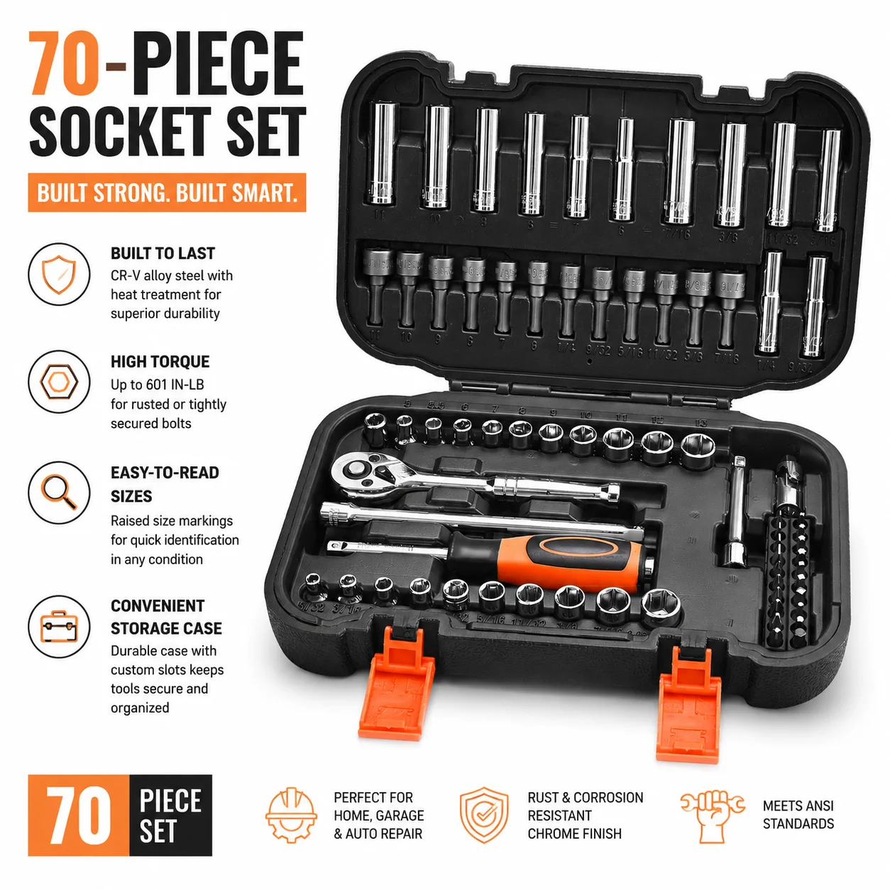 

70PCS Socket Set and Mechanics Tool Set, 1/4 Inch Drive SAE Metric Socket Wrench Set with Ratchet Handle, Deep & Shallow Sockets CR-V Alloy Steel Tool Kit with Storage Case for Automotive Repair Garage DIY