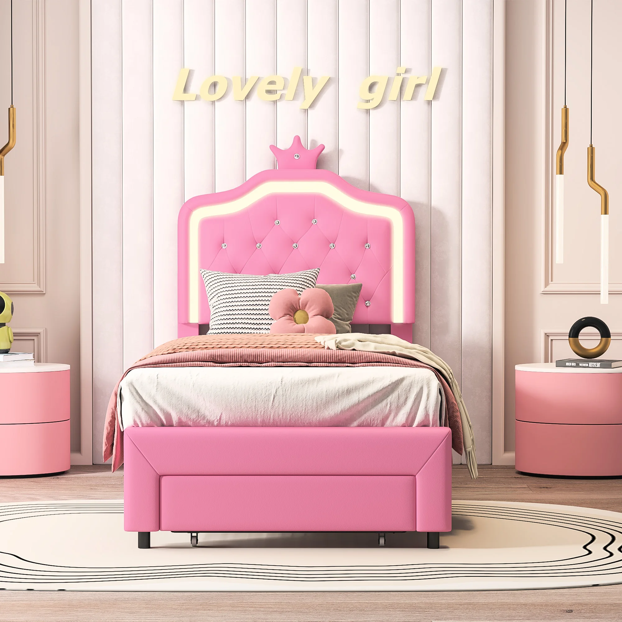 Prinsessenbed 90x200cm, gestoffeerd kinderbed, eenpersoons meisjesbed met verstelbare ledverlichting en lade, verstelbaar kroonvormig hoofdeinde, PU-leer, wit/roze