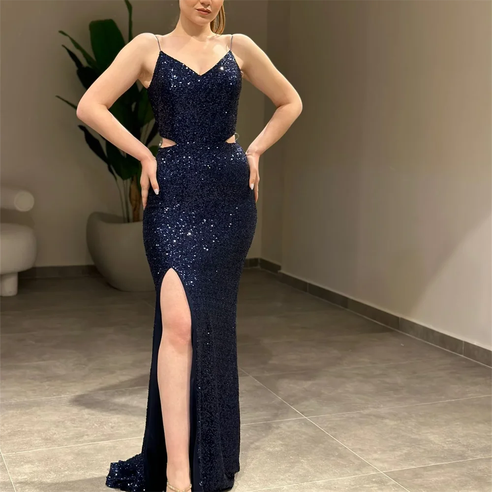 Vestido de noche de encaje con lentejuelas y cuello en V, tirantes finos sexys, impresionante vestido de fiesta para graduación con abertura lateral alta, personalizado, 2024