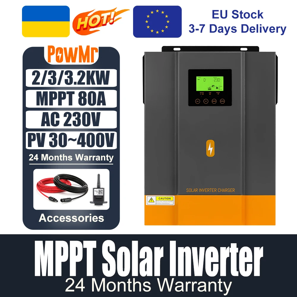 PowMr 2KW 3KW 3.2KW Hybrid Solar Inverter MPPT 80A 230VAC for 12V/24V Battery Photovoltaic Inversor With WIFI and 300CM PV Wire