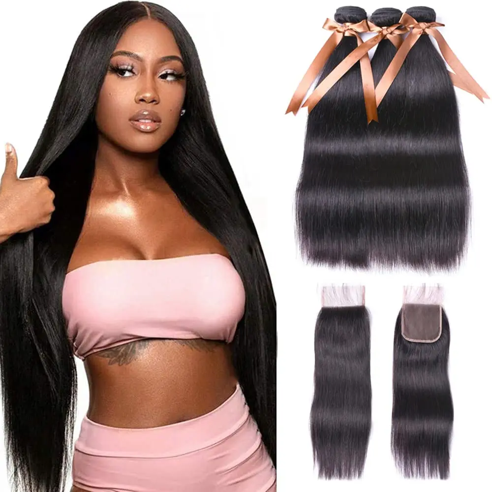 

Bundles with Closure Straight Hair(20 22 24+18 Closure)100% Brazilian Straight Virgin Hair 3 Bundles with Lace Closure Remy