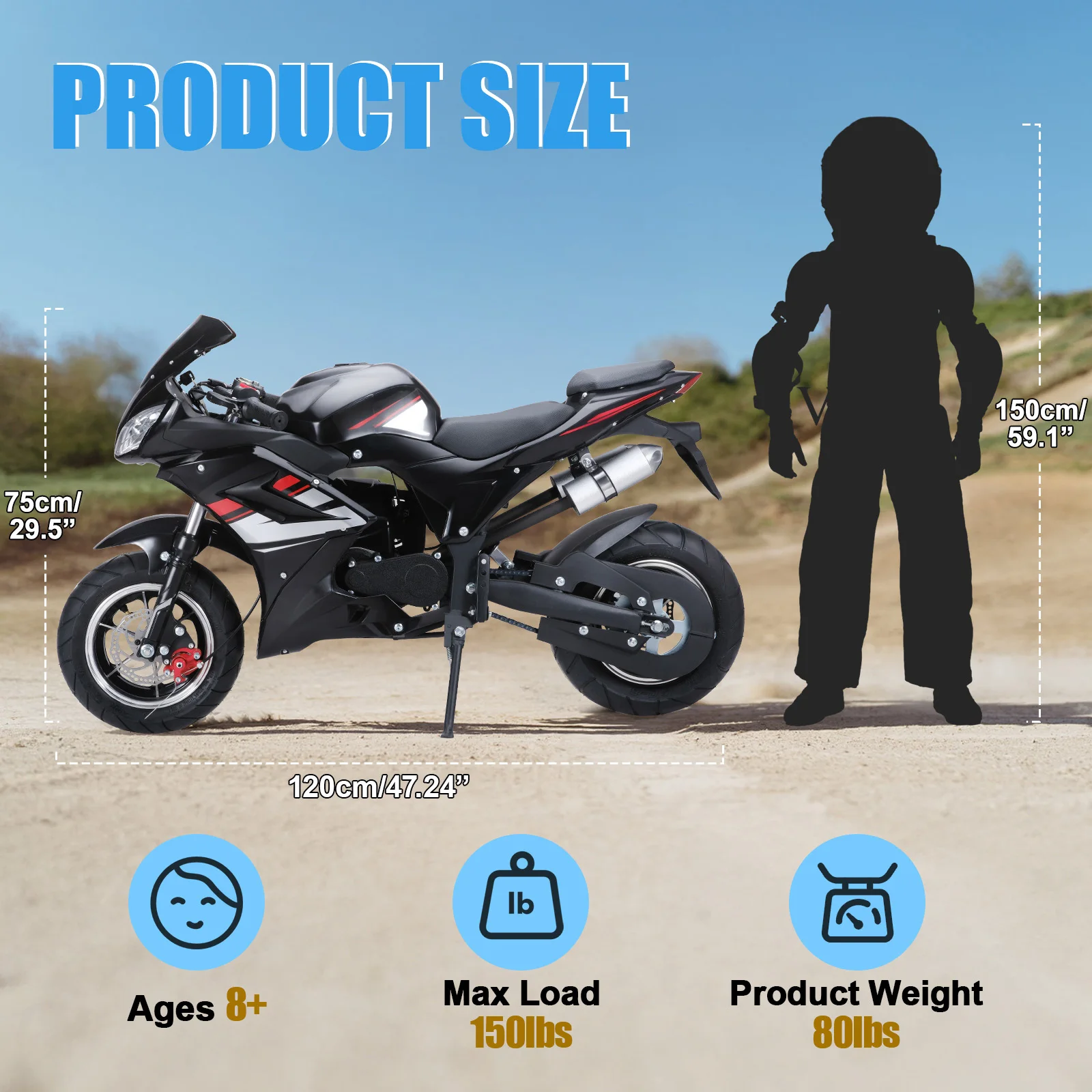 Motocykl crossowy dla dzieci 49cc 4-suwowy, mini motocykl benzynowy z 8-calowymi kołami, motocykl kieszonkowy z przednimi i tylnymi hamulcami tarczowymi, podwójne światło przednie.