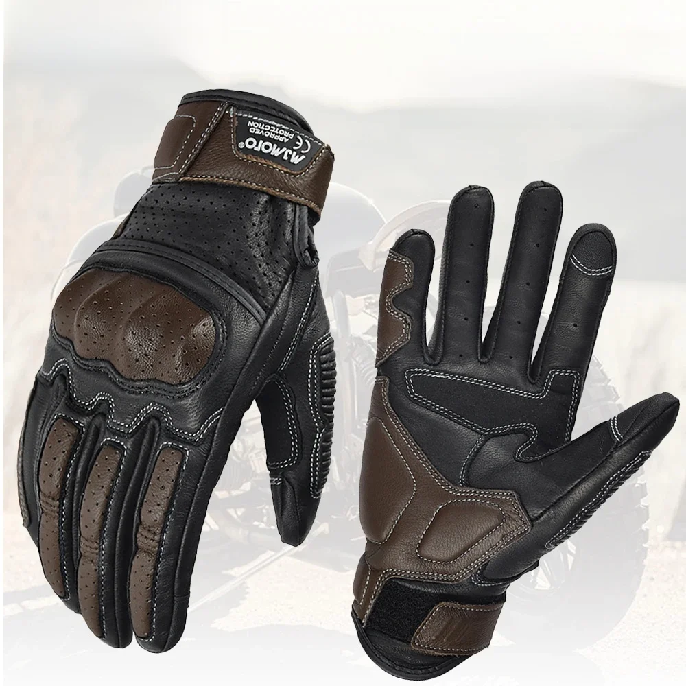 AliExpress MJMOTO Men's Summer Brown Goat Skin Leather Motorcycle Gloves CE Approved MTB Biker Motocross Riding Gloves Retro Style Motorbike Glove