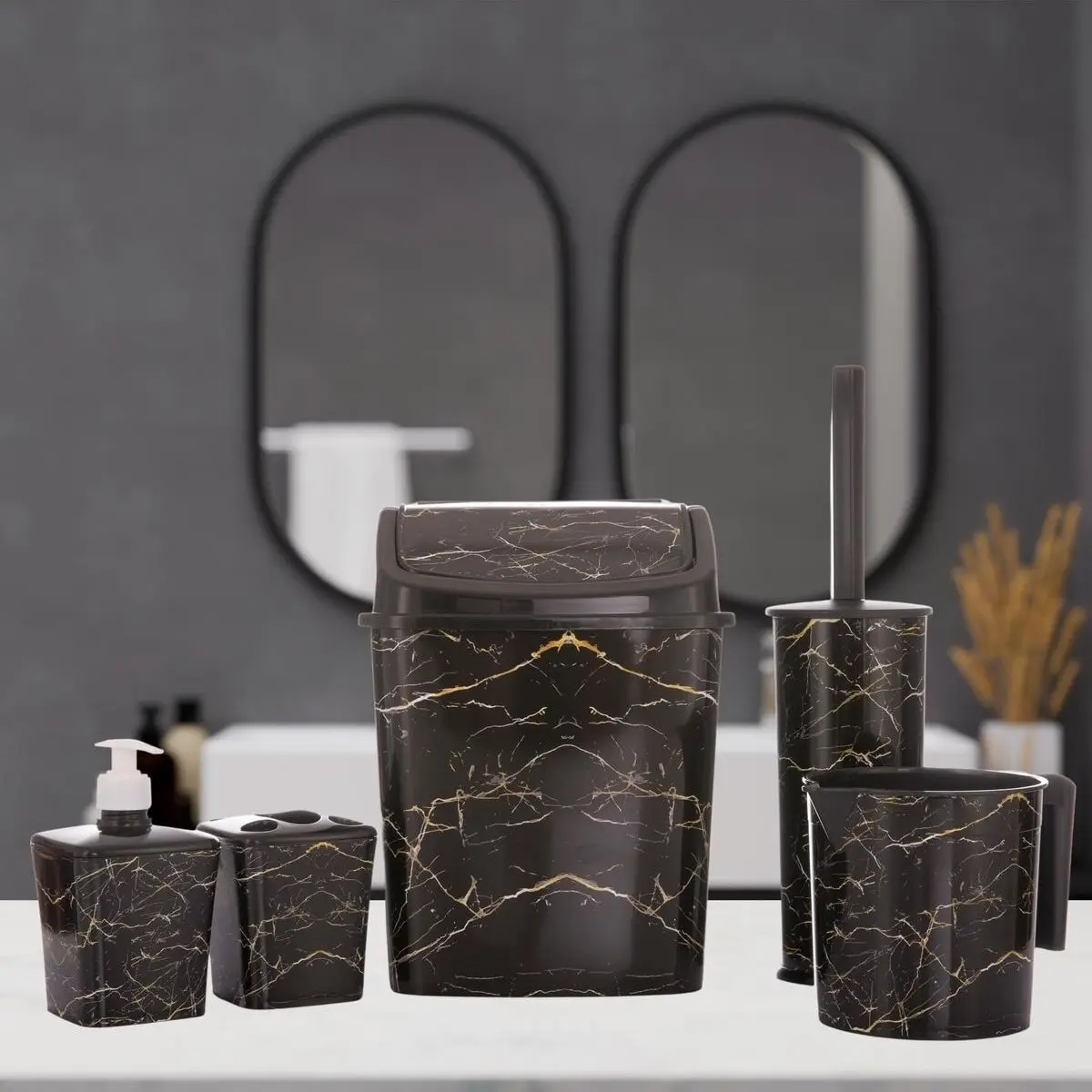 Bathroom Accessories Set of 4 Trash Can Wc Toilet Brush Cup Soap Dispenser Brush Holder Marble Patterned Home Decoration Hard