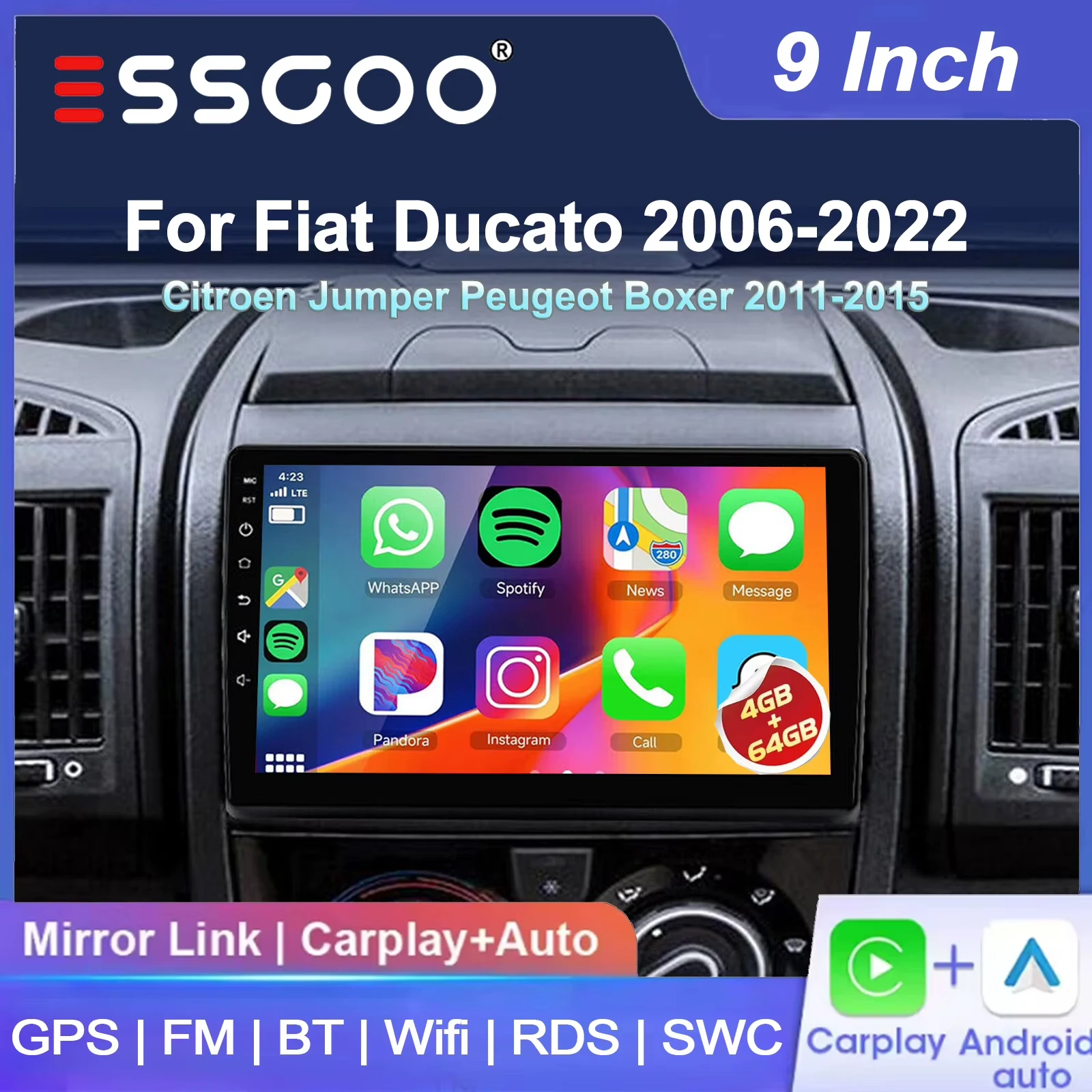 Essgoo 9" Android 15 2+16G/4+64G Wireless Carplay Android Auto für Fiat Ducato 2006-2022 Citroen Jumper Peugeot Boxer 2011-2015 Autoradio GPS-Navigation Radio FM BT Wifi RDS SWC Mirror Link ASP