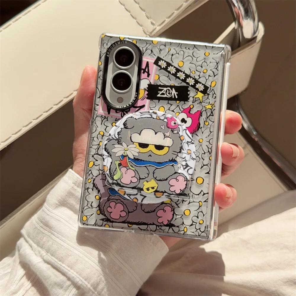 Koreańskie urocze etui na telefon z motywem kwiatowego kotka, magnetyczne, do Samsung Galaxy Z Fold 8 Ultra Fold 8 7 Fold 8, z podstawką Magsafe i łańcuszkiem. — zdjęcie produktu 6