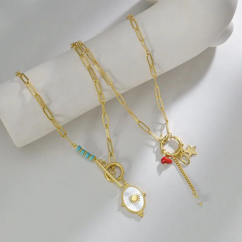 Europäische Mode Edelstahl ot Knopf Stern Halskette für Mädchen Französisch Vintage Türkis Quaste