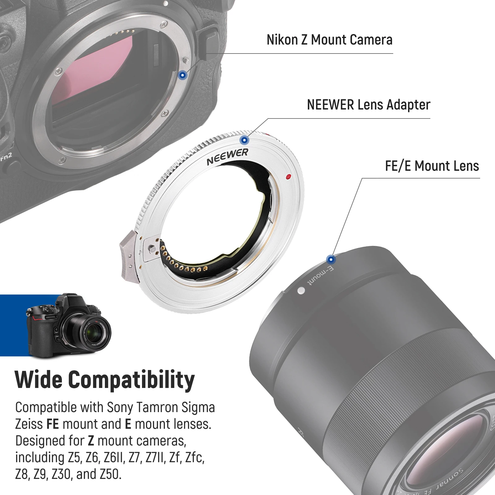 NEEWER FE/E Mount Lens to Z Mount Camera Autofocus Adapter with Firmware Compatible with Tamron Sony Sigma FE/E Lens Nikon