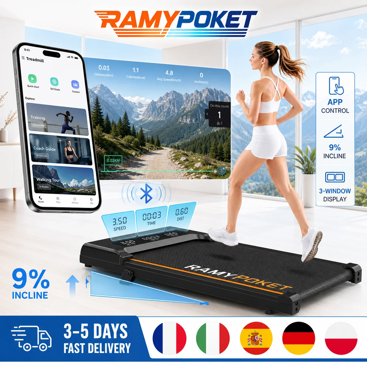 RAMYPOKET Tapis de Marche Bureau Pliable 1- 8km/h 2.5 HP Tapis de Course Inclinable 9% Charge 120 kg Triple Affichage LED APP Connected Tapis Roulant Silencieux